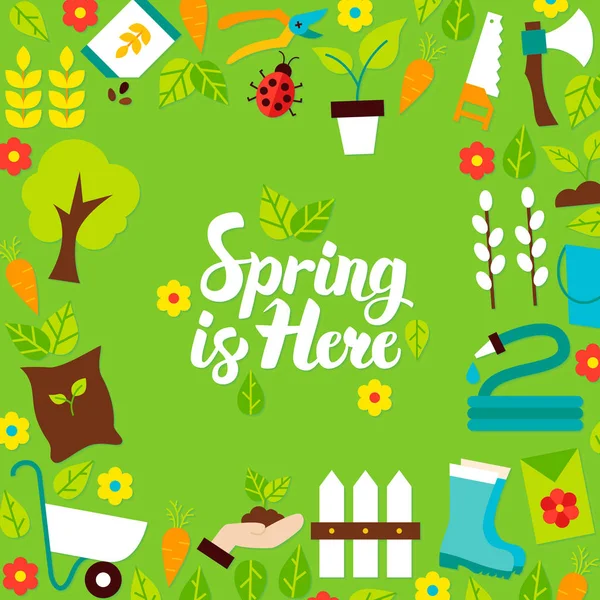 Spring is Here Lettering Postcard — Stock Vector
