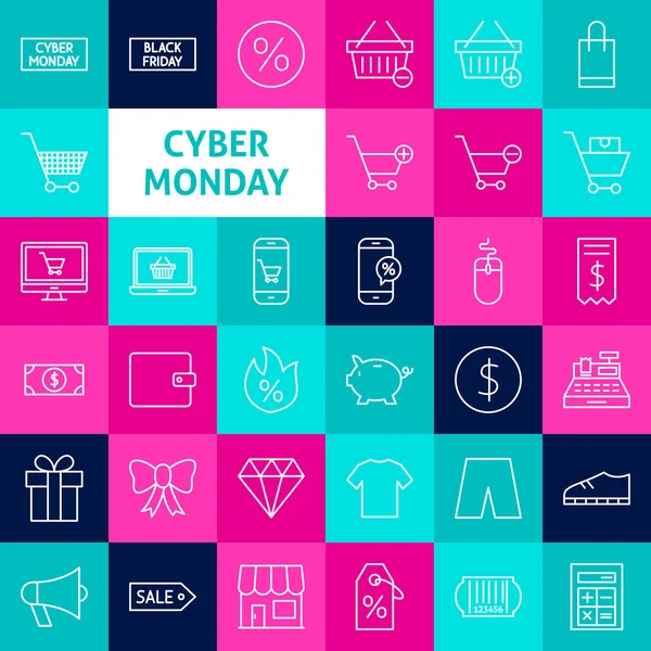 Wektor linii Cyber poniedziałek ikony — Wektor stockowy