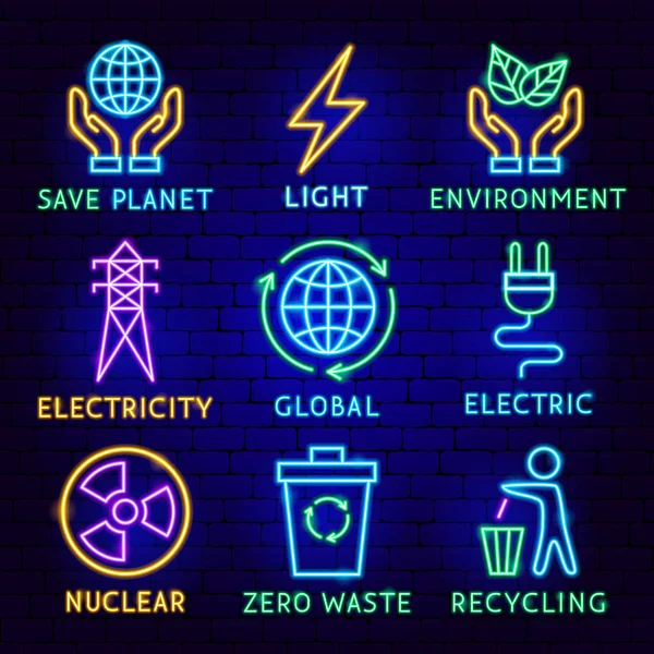 Conjunto de etiquetas de néon de energia verde —  Vetores de Stock