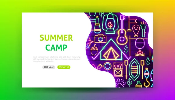 Summer Camp Neon Landing Page — Stock Vector