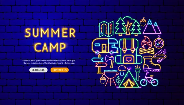 Summer Camp Neon Banner Design — Stock Vector