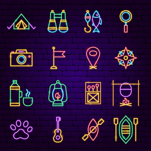 Camping Neon Iconos — Archivo Imágenes Vectoriales