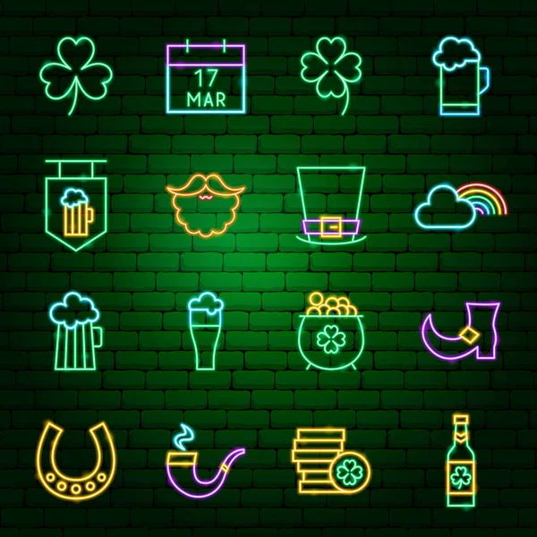 Saint Patrick Day Neon Icons — Stock Vector