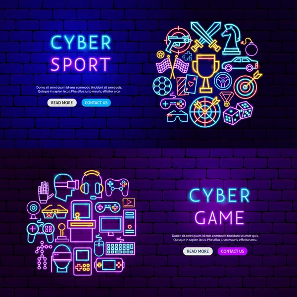 Banners de neón de juego cibernético — Vector de stock