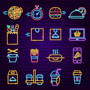 Yemek siparişi neon ikonlar. Çevrimiçi Tanıtımın Vektör ResmiComment.