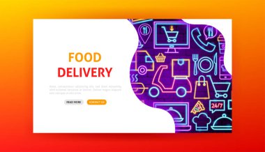 Yemek Teslimatı Neon Landing Page. Çevrimiçi Düzen Tanıtımının Vektör ResmiComment.