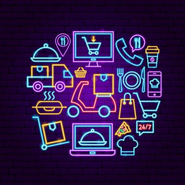 Gıda Teslimatı Neon Kavramı. Çevrimiçi Düzen Tanıtımının Vektör ResmiComment.