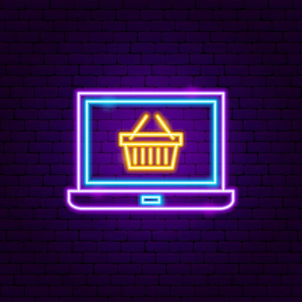 Bärbar Dator Korg Neon Sign Vektor Illustration Online Shop Promotion — Stock vektor