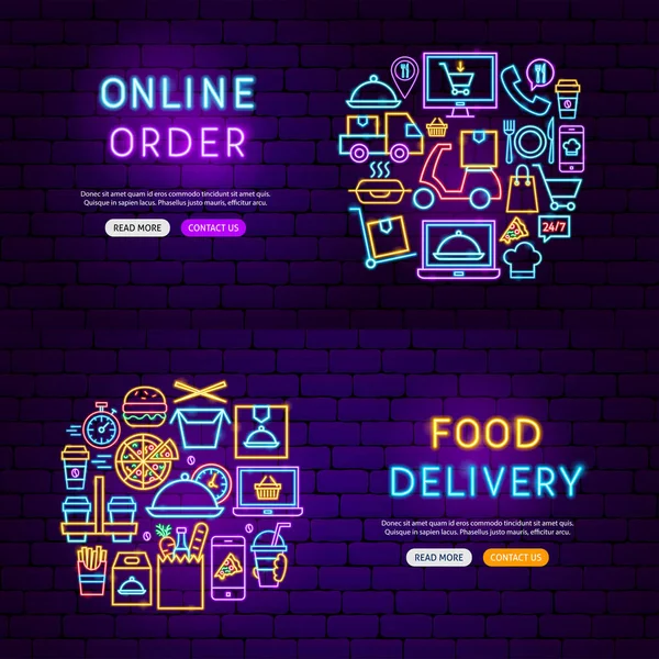 Neonové Plakáty Pro Doručování Potravin Vektorová Ilustrace Online Propagace Objednávky — Stockový vektor