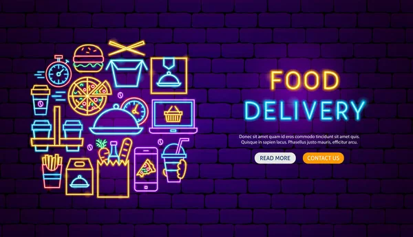 Food Delivery Neon Banner Design Vektorillustration Der Online Bestellaktion — Stockvektor