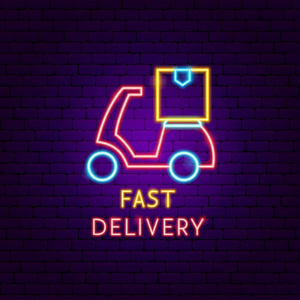 Fast Delivery Scooter Neon Label Vector Illustration Package Promotion — Stock Vector