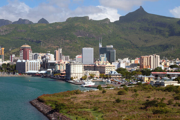 Sea gulf, yacht-club, city and mountains. Port Louis, Mauritius