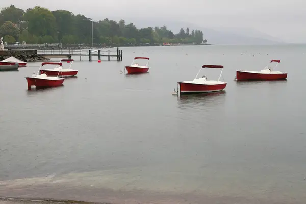 Jeziora Genewskiego w deszczowy dzień. Lausanne, Szwajcaria — Zdjęcie stockowe