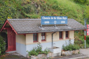 Unutulmaz stand demiryolu sitenin 100 yıldönümü için. Glion, Montreux, İsviçre