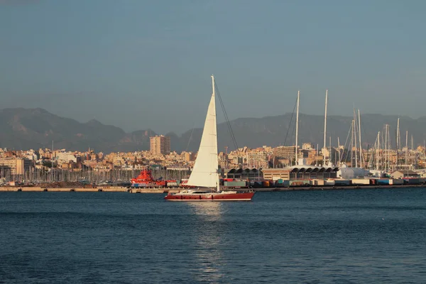 Mar ciudad portuaria y yate de vela. Palma de Mallorca, España — Foto de Stock