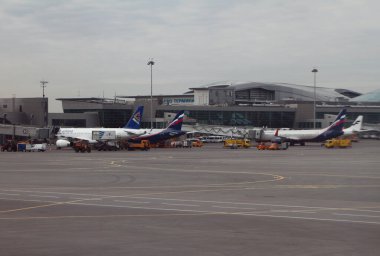Sheremetyevo, Moscow, Russia - Apr 18, 2019: Passenger planes at air terminal apron