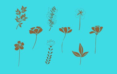 Mavi arka planda kahverengi çiçekler. Tasarım, duvar kağıdı, tekstil, sanat, düğün, kart, logo tasarımı için