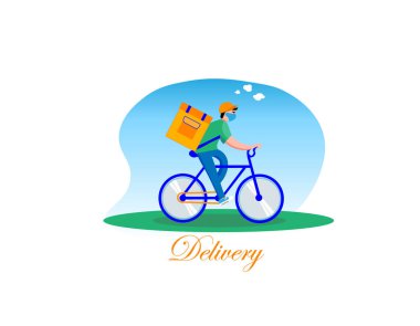 Bisikletle yemek servisi. Sırtında kutu olan bir bisikletçi. Ekolojik gıda teslimatı konsepti. Vektör illüstrasyonu