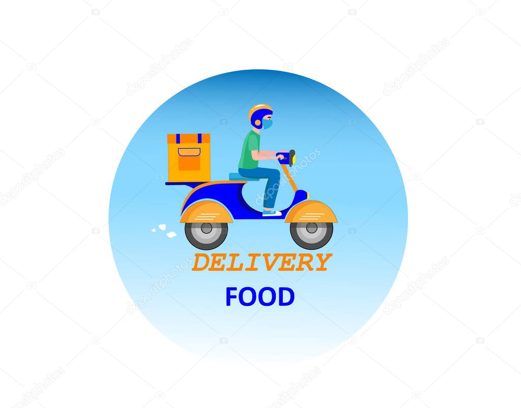 Food delivery man riding a yellow-blue scooter vector illustration
