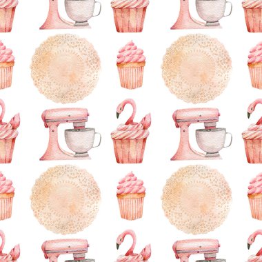 Bakery flamingo cupcake  watercolor illustration seamles pattern