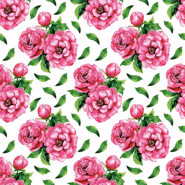 Flor Peônias Rosa Folhas Verdes Aquarela Ilustração Mão Desenhada Sobre — Fotografia de Stock