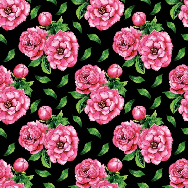 Fiore Peonie Rosa Foglie Verdi Acquerello Illustrazione Mano Disegnata Sfondo — Foto Stock