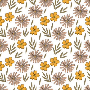 Çiçekler pürüzsüz desen Sarı bej çiçekler ve yeşil yapraklar beyaz arka planda yaz desenli resimleme