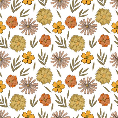 Çiçekler pürüzsüz desen Sarı Turuncu çiçekler ve yeşil yapraklar beyaz arka planda yaz desenli stok çizimleri