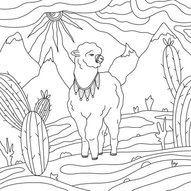 Lama boyama sayfası. Çocuklar ve yetişkinler için. Sevimli hayvan çizimi.