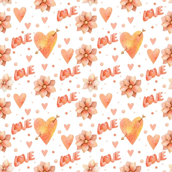 Valentines Day Watercolor pattern  illustration Flowers Love Heart on white background.