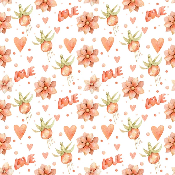 Valentine\'s Day pattern Watercolor illustration Flowers Love Heart on white background.