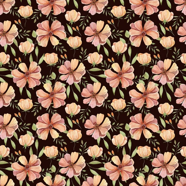 Peach Flower Green Leaves Watercolor Illustration Seamless Pattern Brown Background — Stock Photo, Image