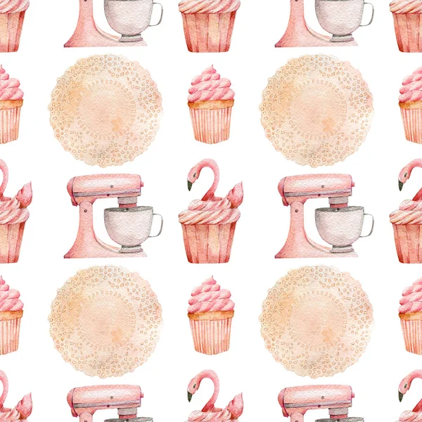 面包店火烈鸟纸杯蛋糕水彩画缝制图案 — 图库照片#