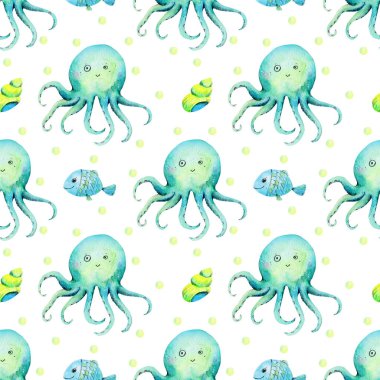 Deniz suluboya okyanus ahtapotu, kabuklar, balıklar, denizanası çizimleri beyaz arka plana çizilmiş kusursuz desenli el.