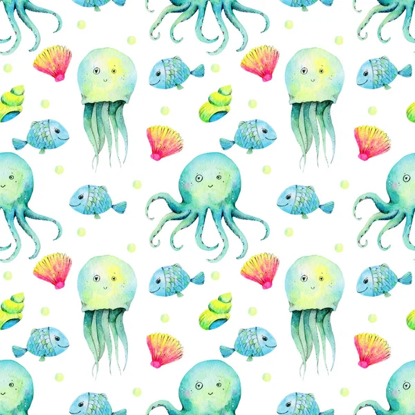 Sea watercolor Ocean octopus, shells, fish, jellyfish illustration seamless pattern hand drawn  on a white background