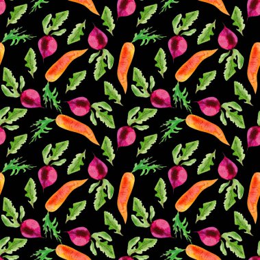 Sebzeler suluboya çizimi. Siyah zemin üzerinde havuç turpu.