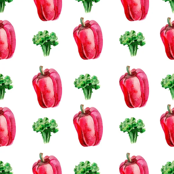 Vegetables Watercolor Illustration Pepper Broccoli White Background Seamless Pattern — Stock Photo, Image