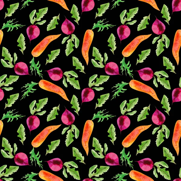 Ilustración Acuarela Verduras Zanahorias Rábano Sobre Fondo Negro Patrón Sin —  Fotos de Stock