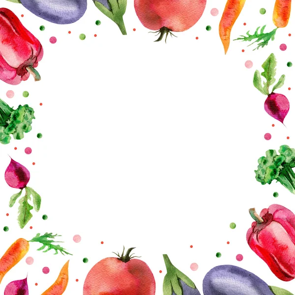蔬菜画水彩画框 西红柿 胡萝卜 花椰菜 素食主义 农产品 — 图库照片#