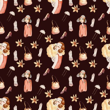 1920 suluboya desenli yelpaze çantalı ayakkabı desenli kahverengi arka planda eski bir çizim.