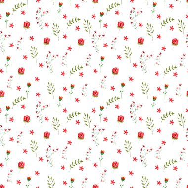 Kırmızı çiçekler yeşil rengarenk kalemlerle çizilmiş beyaz arkaplanda kusursuz desen bırakır