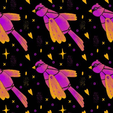 Parlak kuş, pembe kalp, siyah arka planda renksiz desen.