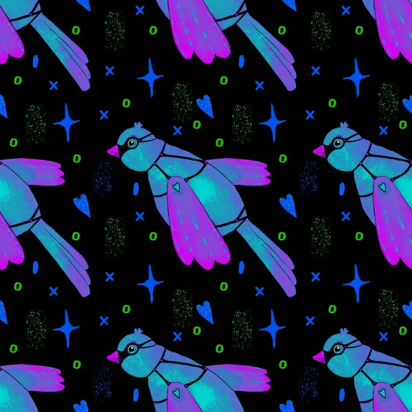 Яскравий Птах Синій Фіолетовий Зелений Серце Різнокольоровий Безшовний Візерунок Чорному — стокове фото