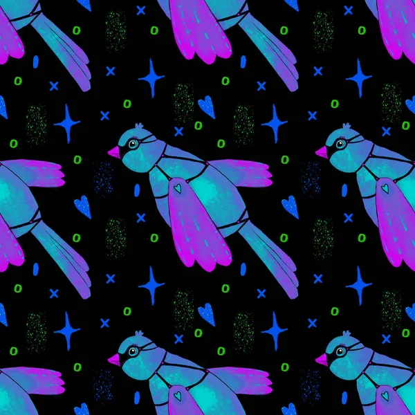 Bright bird blue purple green heart multicolored seamless pattern on a black background
