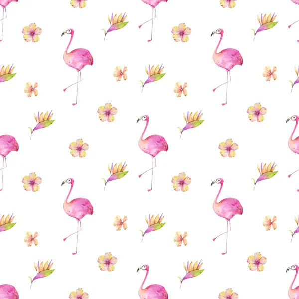 Flamingo Bloemen Vogels Van Paradijs Aquarel Illustratie Naadloos Patroon Wit — Stockfoto