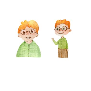 Çocuk resimleri. Kızıl saçlı tatlı çocuk. Beyaz arka planda izole edilmiş suluboya resim.