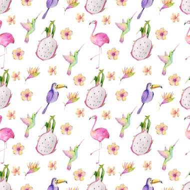 Tropikal meyveler suluboya ejderha illüstrasyonu Cennet Kuşu Toucan Flamingo pürüzsüz desen beyaz arka planda