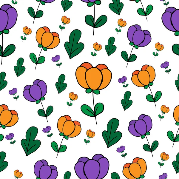 Lente Bloemen Paars Oranje Tulpen Vector Illustratie Naadloos Patroon — Stockvector