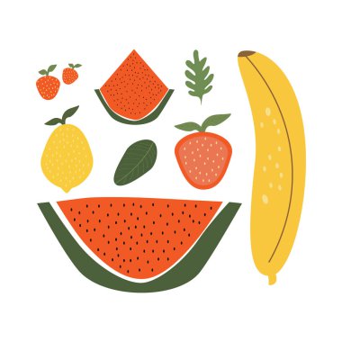 Yaz meyvesi çizimi vektör çizimi muz çilekli karpuz yaprakları 