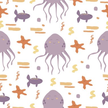 Deniz yaşamı kusursuz desenli vektör çizimi ahtapot, balık, denizyıldızı. Kağıt, tekstil, duvar kâğıdı, tekstil, tekstil, tekstil için modaya uygun düz tasarım.